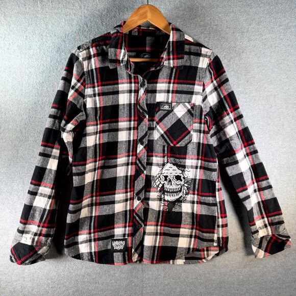 Tops - Lurking Class Flannel Shirt Women's Medium Black White Red Plaid Skull Button Up